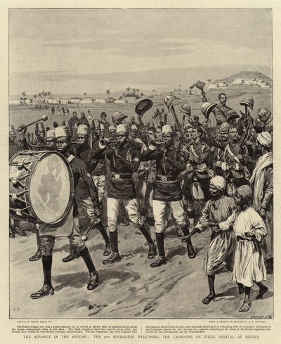 El avance en Sudán, los 9º sudaneses dando la bienvenida a los Camerons a su llegada a Berber de Frank Dadd